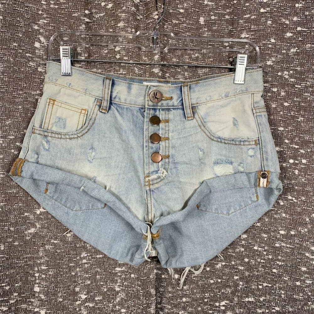 One Teaspoon Bandits Distressed Denim Shorts Long Rise Button Fly Size 24
